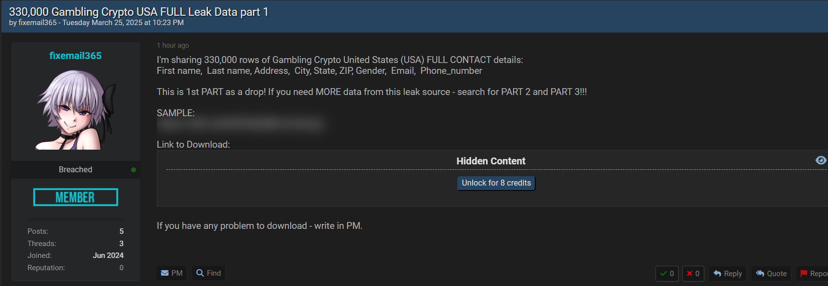 美国一家身份不明的赌博加密货币公司涉嫌数据泄露-xLab 威胁情报