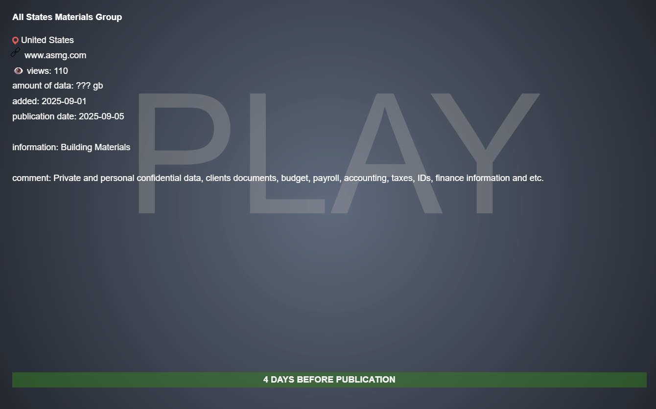 All States Materials Group成为PLAY勒索软件的受害者-xLab 威胁情报