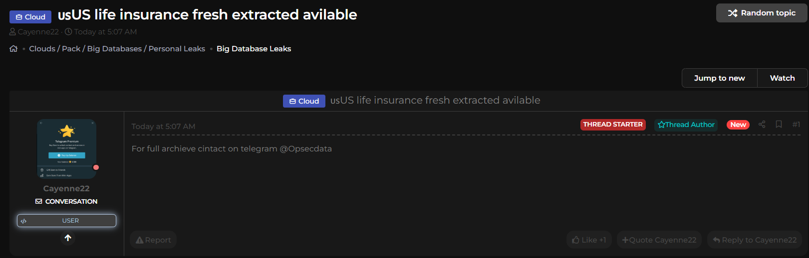 涉嫌出售美国人寿insurance数据-xLab 威胁情报