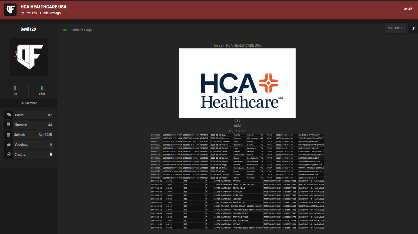 涉嫌出售HCA Healthcare的数据-xLab 威胁情报