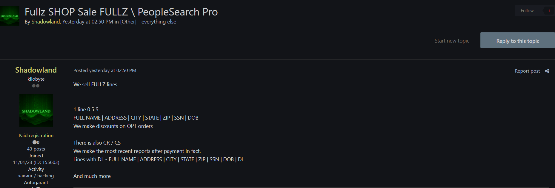 涉嫌通过Fullz shop出售美国身份数据-xLab 威胁情报