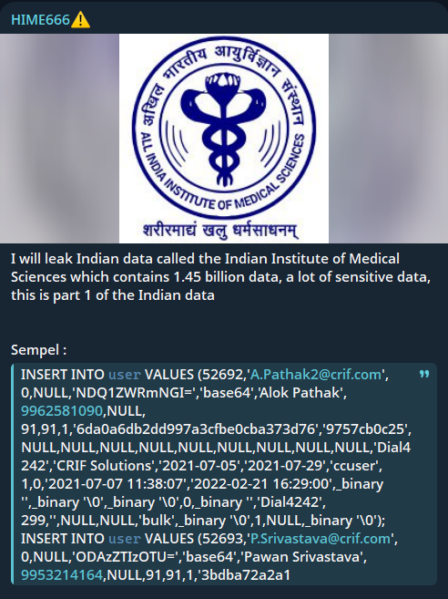 全印医学科学研究所(AIIMS)涉嫌数据泄露-xLab 威胁情报