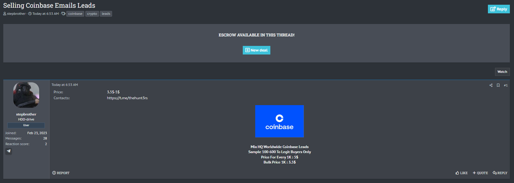 Coinbase电子邮件线索涉嫌数据泄露-xLab 威胁情报
