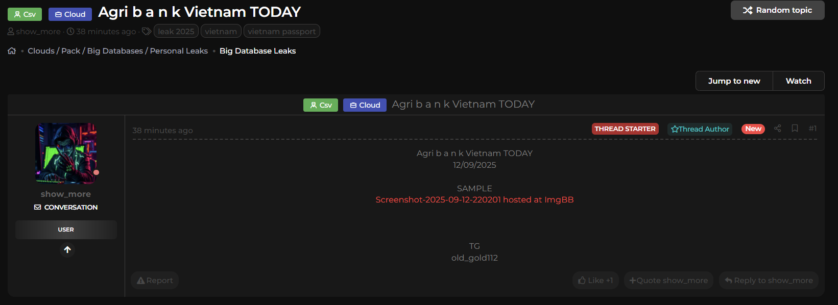 越南农业和农村发展银行涉嫌数据泄露-xLab 威胁情报