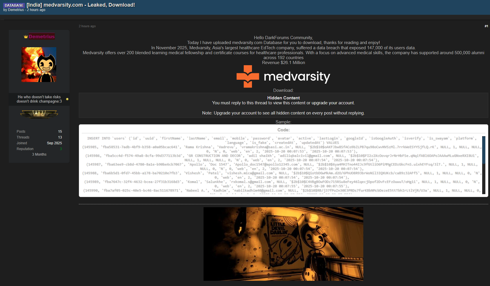 Medvarsity涉嫌数据库泄漏-xLab 威胁情报
