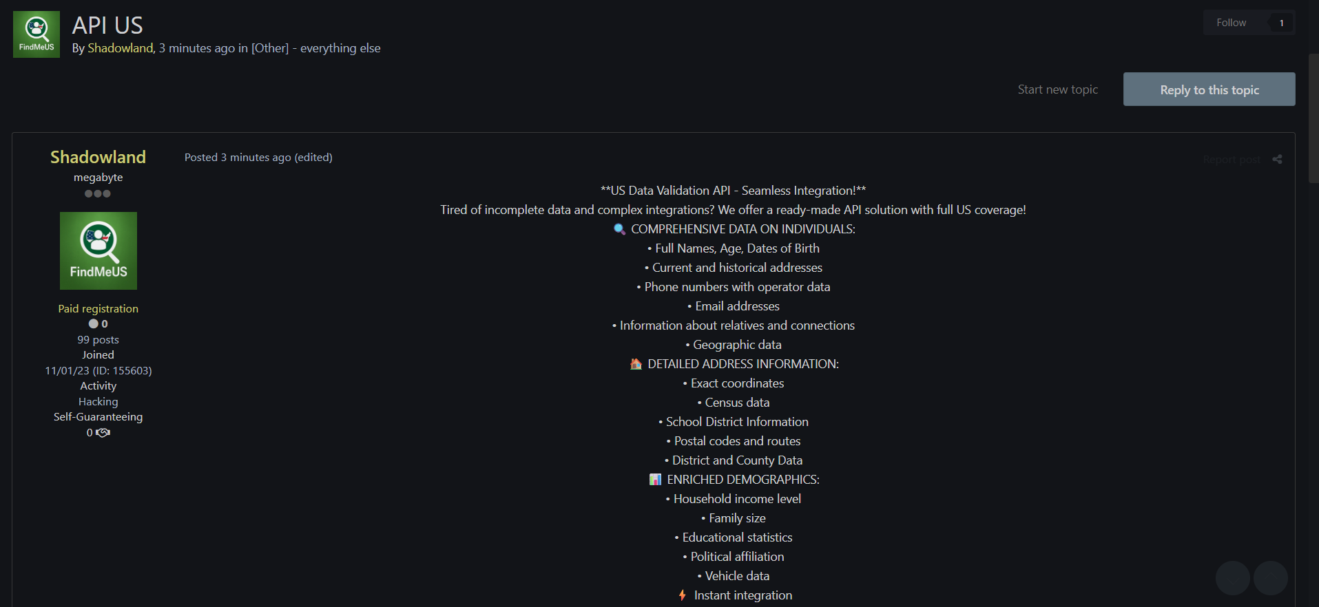 涉嫌出售美国数据验证和浓缩API-xLab 威胁情报