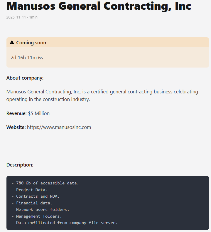 Manusos General Contracting成为GENESIS勒索软件的受害者-xLab 威胁情报