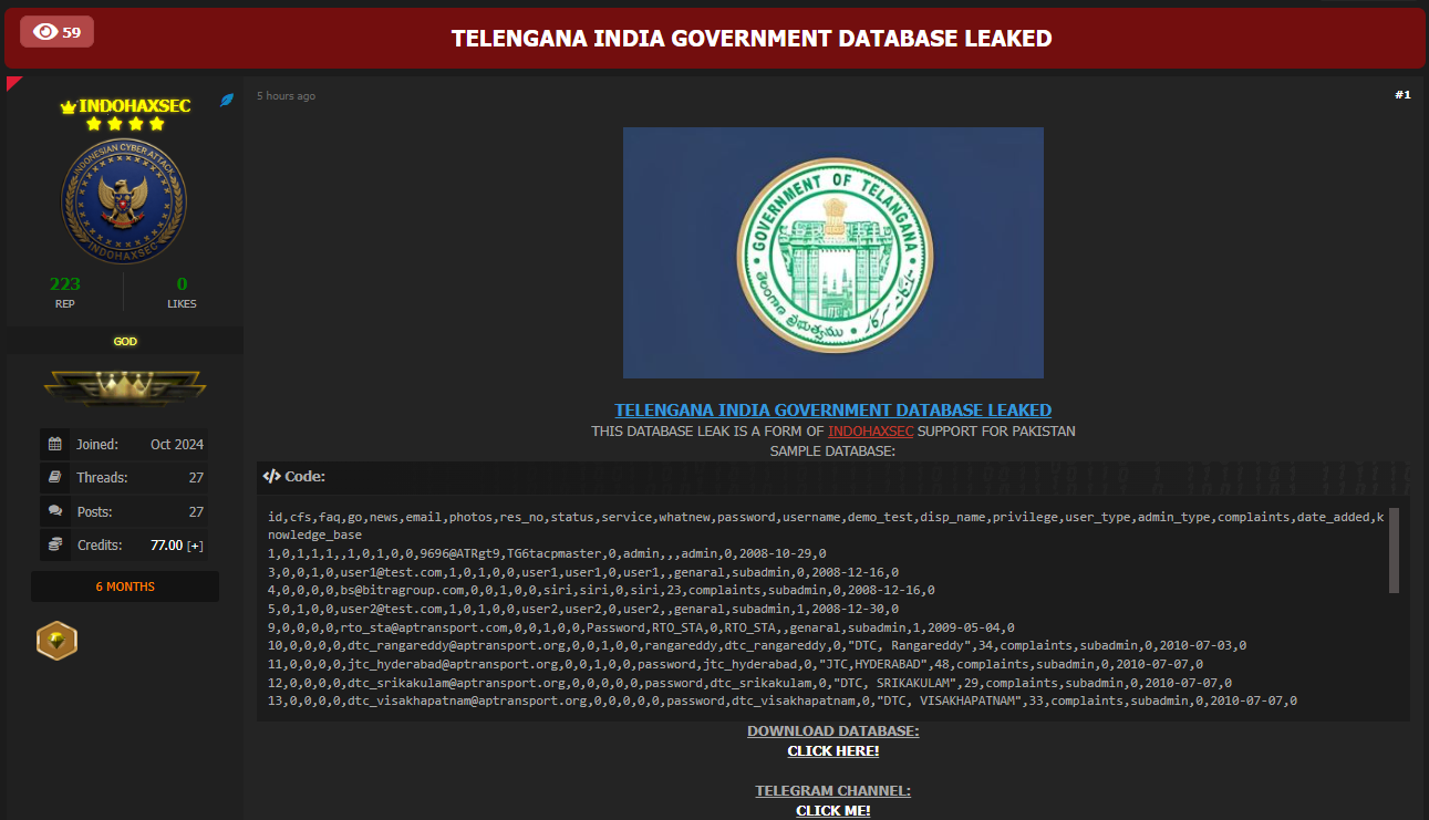 印度特伦甘纳邦政府涉嫌数据泄露-xLab 威胁情报
