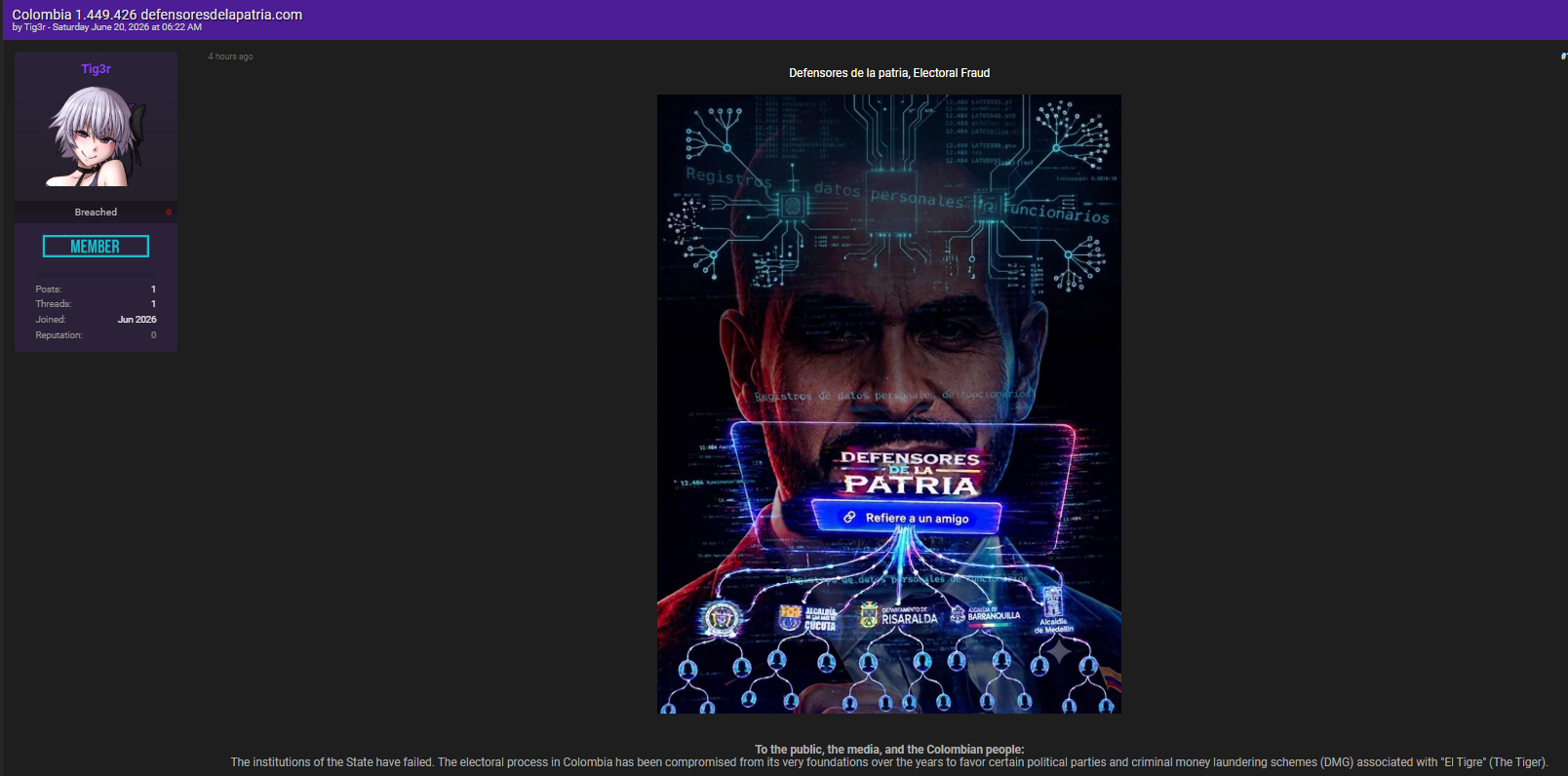 Alleged Breach of Defensor de la Patria database-xLab 威胁情报