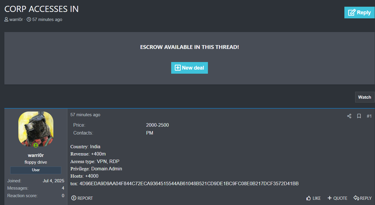 涉嫌向印度一个身份不明的组织出售未经授权的访问权限-xLab 威胁情报