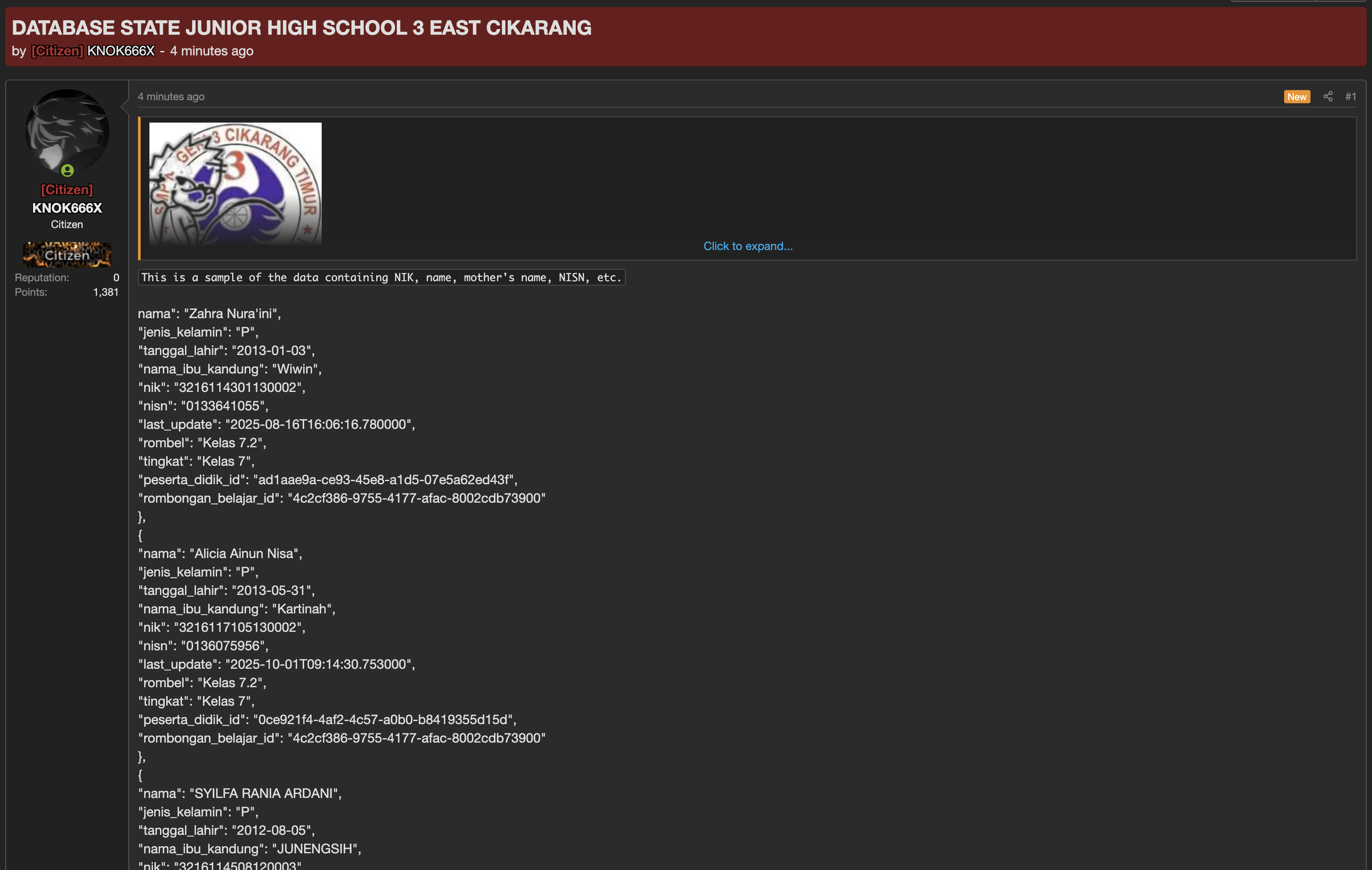 Alleged data breach of State Junior High School 3 East Cikarang-xLab 威胁情报