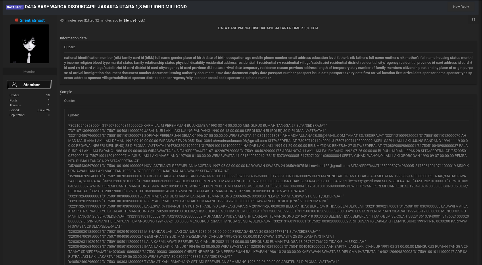 Alleged data breach of Dinas Kependudukan dan Pencatatan Sipil-xLab 威胁情报