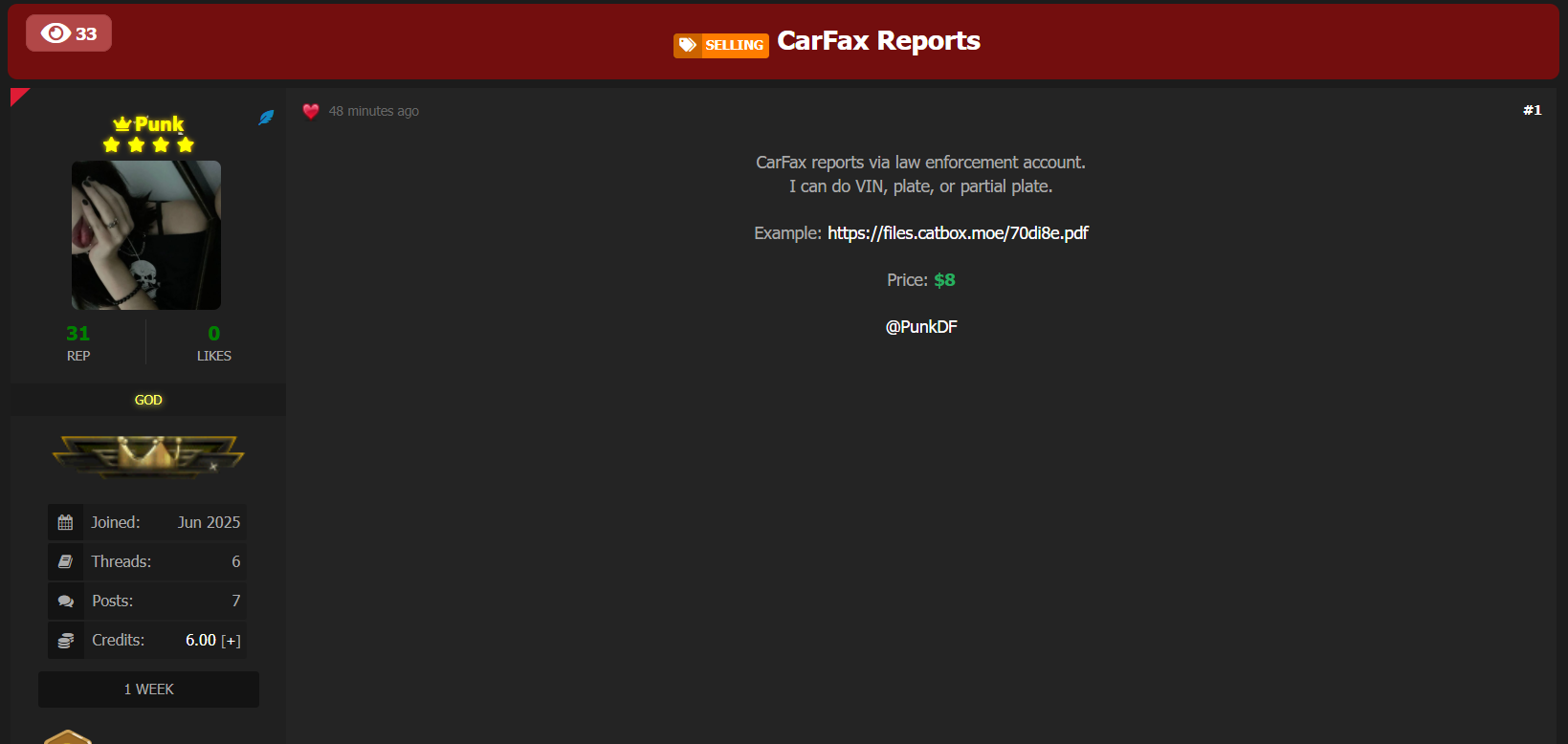 涉嫌出售未经授权的CarFax报告访问权限-xLab 威胁情报