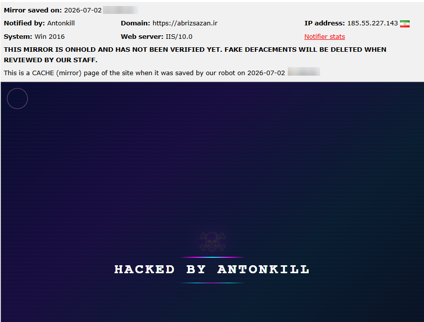 Antonkill targets the website of Abriz Sazan Industrial Group-xLab 威胁情报