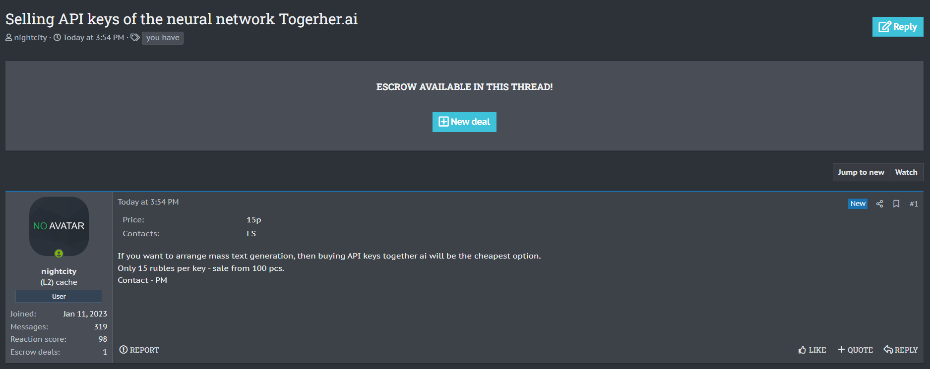 涉嫌出售Together AI API密钥-xLab 威胁情报
