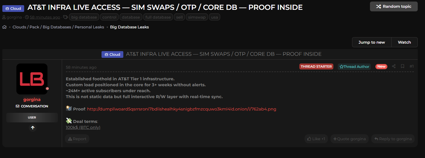 涉嫌出售未经授权的AT&T访问权限-xLab 威胁情报