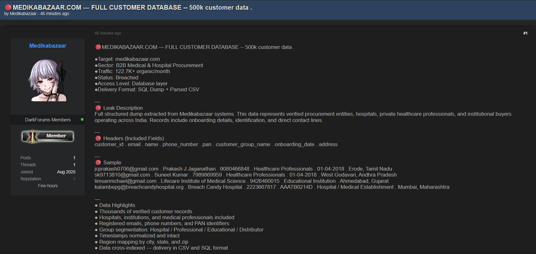 涉嫌出售Medikabazaar数据-xLab 威胁情报