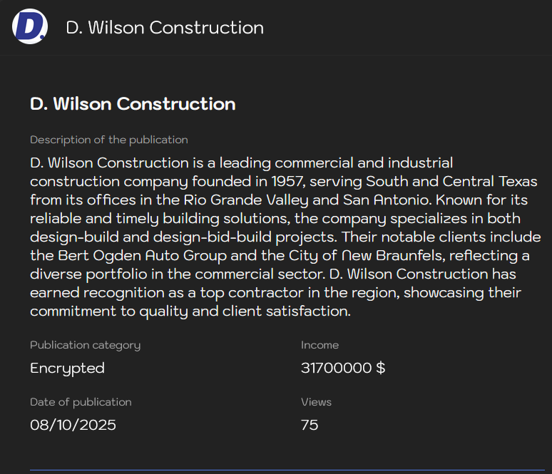 D.Wilson Construction Co.成为sinobi勒索软件的受害者-xLab 威胁情报