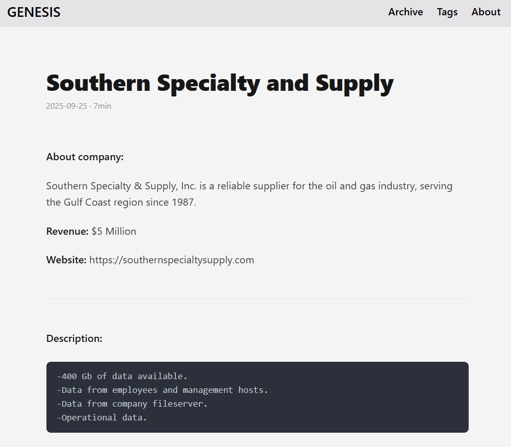 INC.Southern Specialty&Supply成为GENESIS勒索软件的受害者-xLab 威胁情报