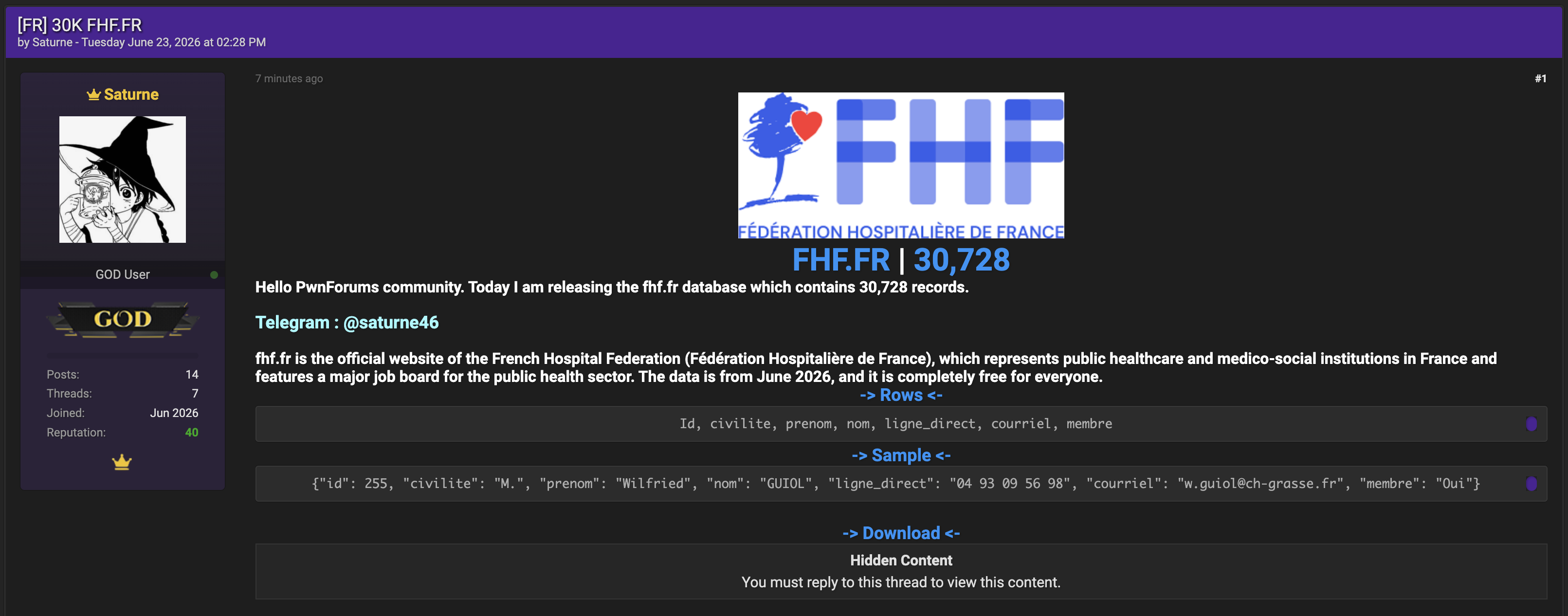 Alleged Data Breach of Fédération Hospitalière de France-xLab 威胁情报