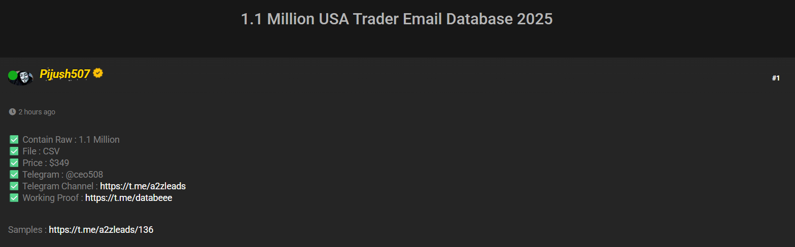 涉嫌出售110万个美国交易员电子邮件数据库-xLab 威胁情报