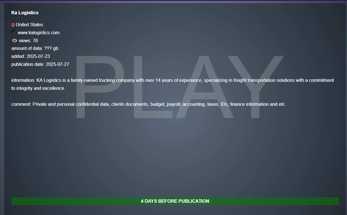 Ka Logistics成为PLAY勒索软件的受害者-xLab 威胁情报