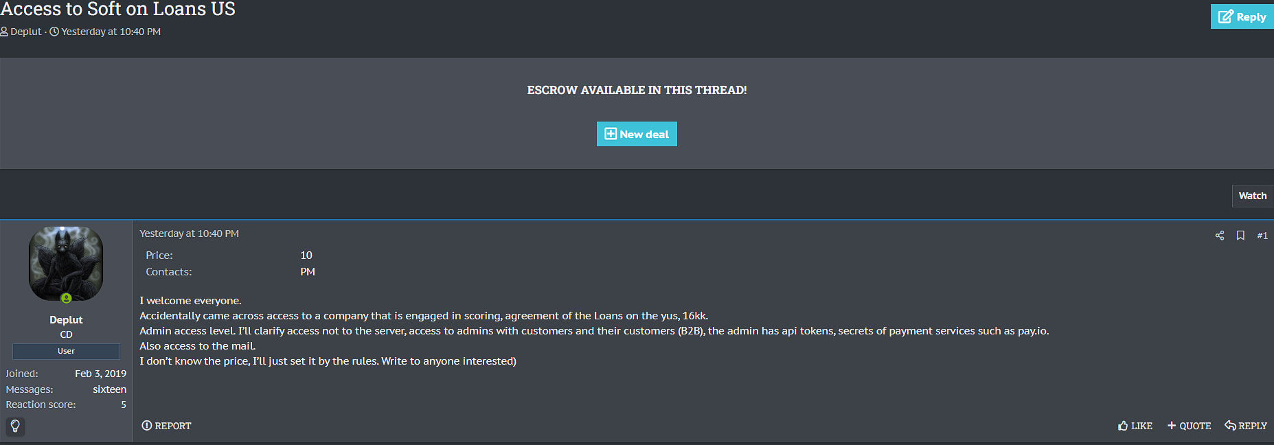 涉嫌向美国一家身份不明的贷款提供商组织出售访问权-xLab 威胁情报