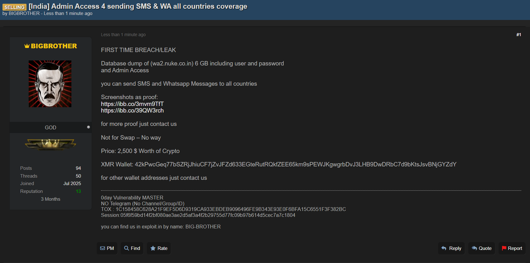 admin涉嫌出售印度通信平台(wa2.nuke.co.in)-xLab 威胁情报