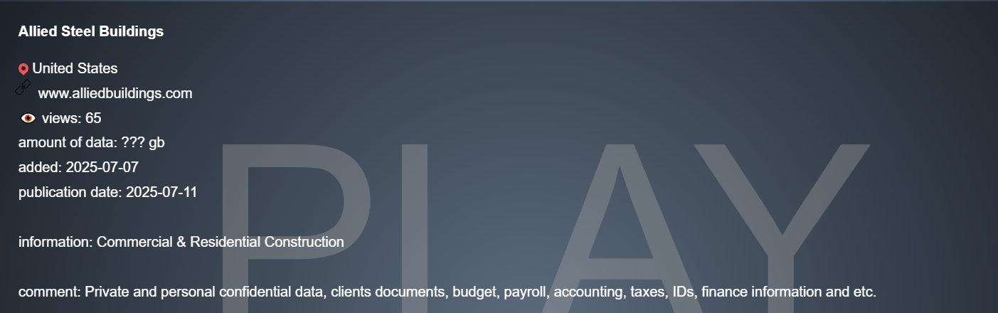 Allied Steel Buildings成为PLAY勒索软件的受害者-xLab 威胁情报