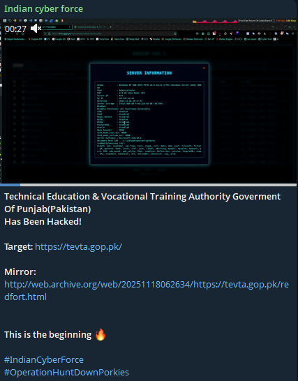 INDIAN CYBER FORCE针对旁遮普省技术教育和职业培训局(TEVTA)网站-xLab 威胁情报