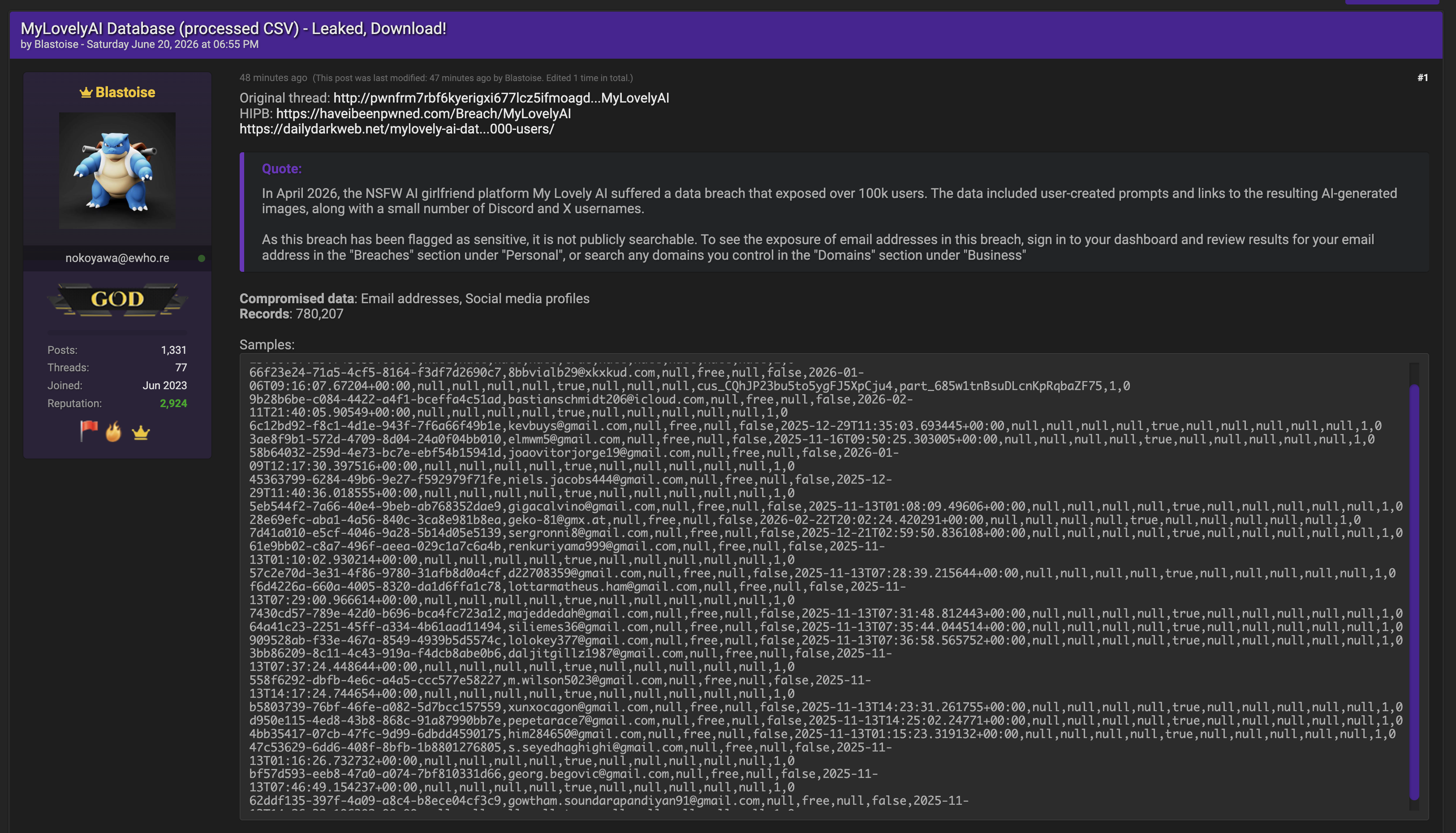 Alleged data breach of MyLovely.AI-xLab 威胁情报