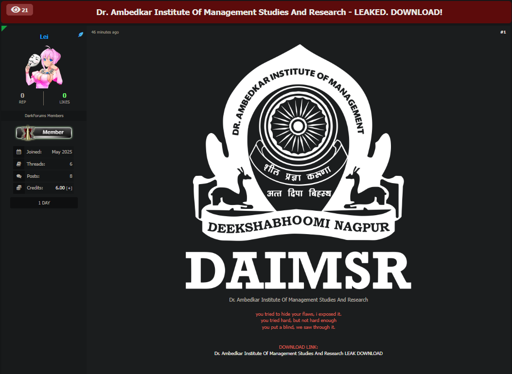 Ambedkar博士管理研究学院涉嫌数据库泄露-xLab 威胁情报