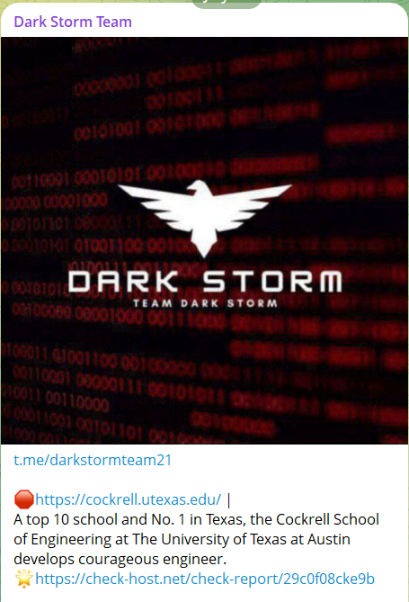 Dark Storm Team针对德克萨斯大学奥斯丁分校科克雷尔工程学院网站-xLab 威胁情报
