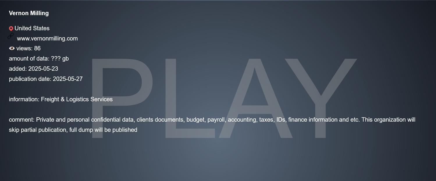 Vernon Milling Company成为PLAY勒索软件的受害者-xLab 威胁情报