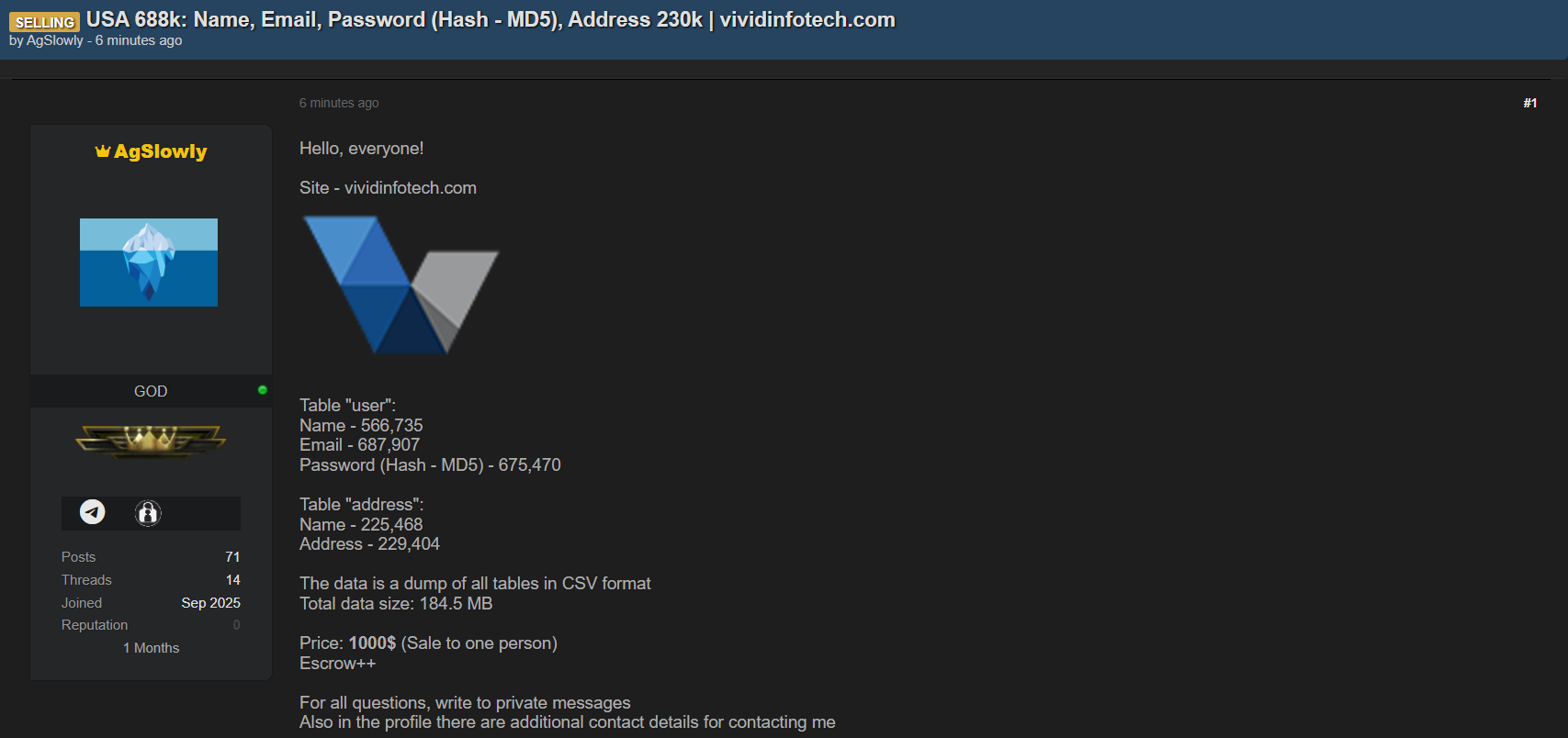 Vivid信息技术私人有限公司涉嫌数据销售。-xLab 威胁情报