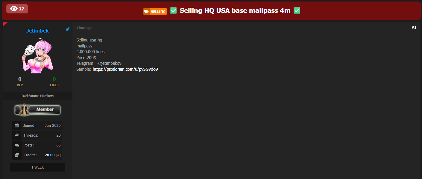涉嫌出售400万个美国mailpass凭据-xLab 威胁情报