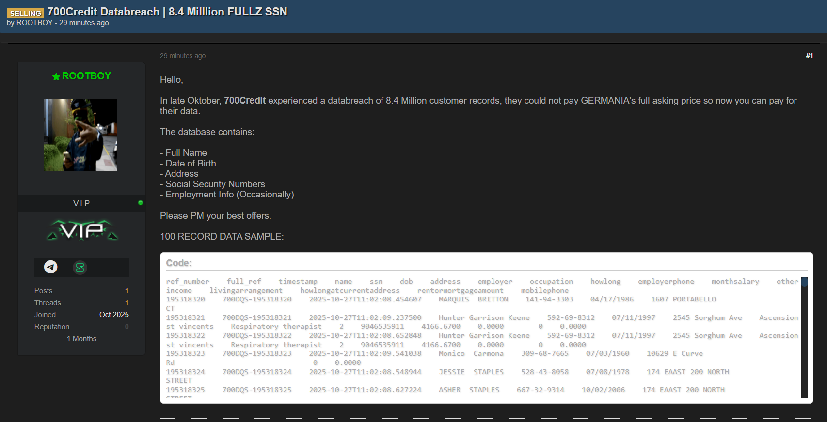 涉嫌出售700Credit数据-xLab 威胁情报