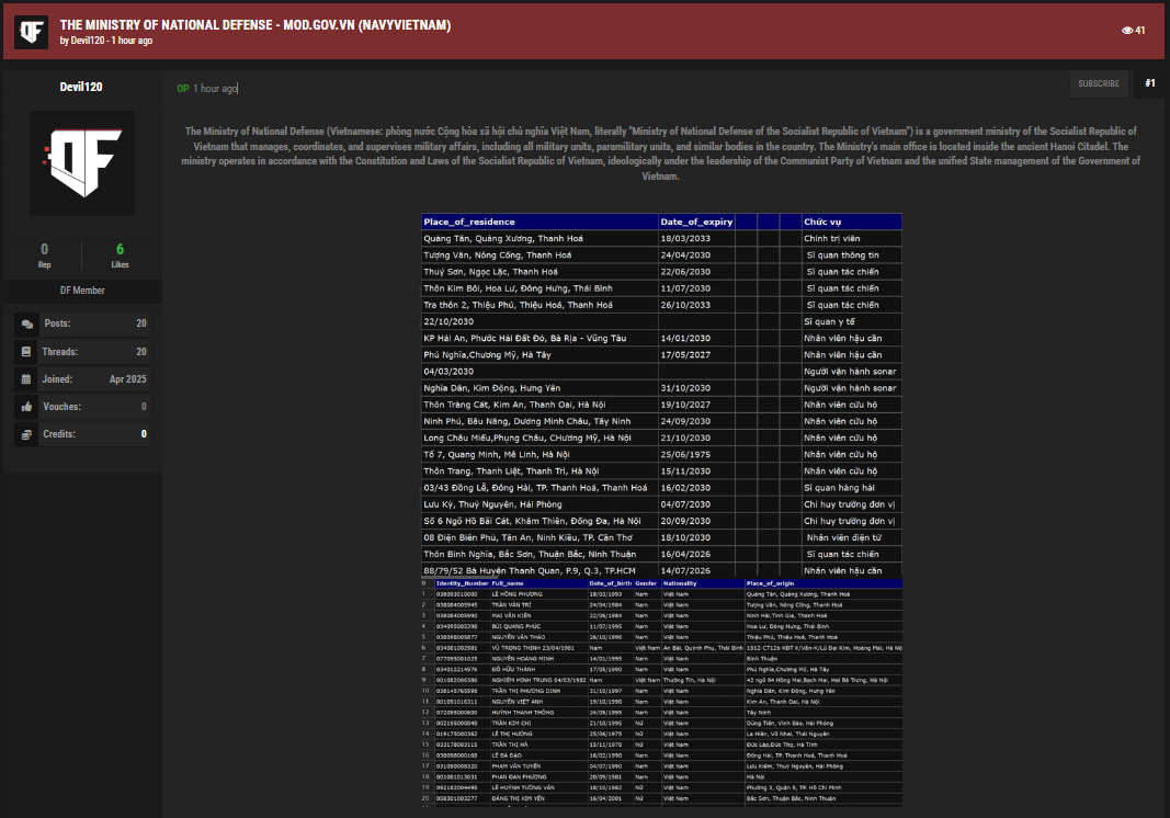 涉嫌出售越南国防部数据-xLab 威胁情报