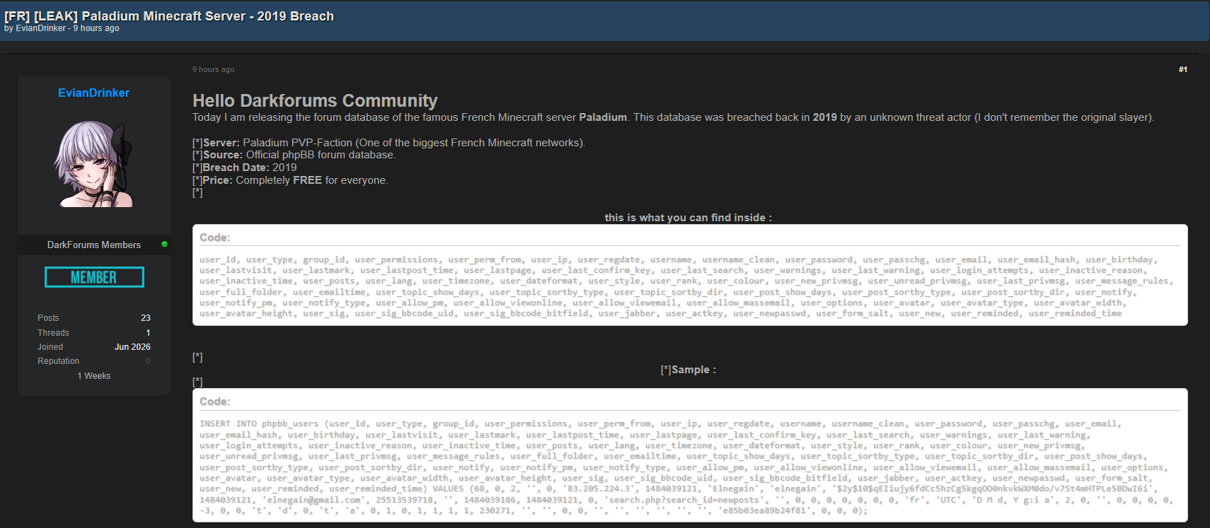 Alleged leak of Paladium Minecraft Server Forum database-xLab 威胁情报