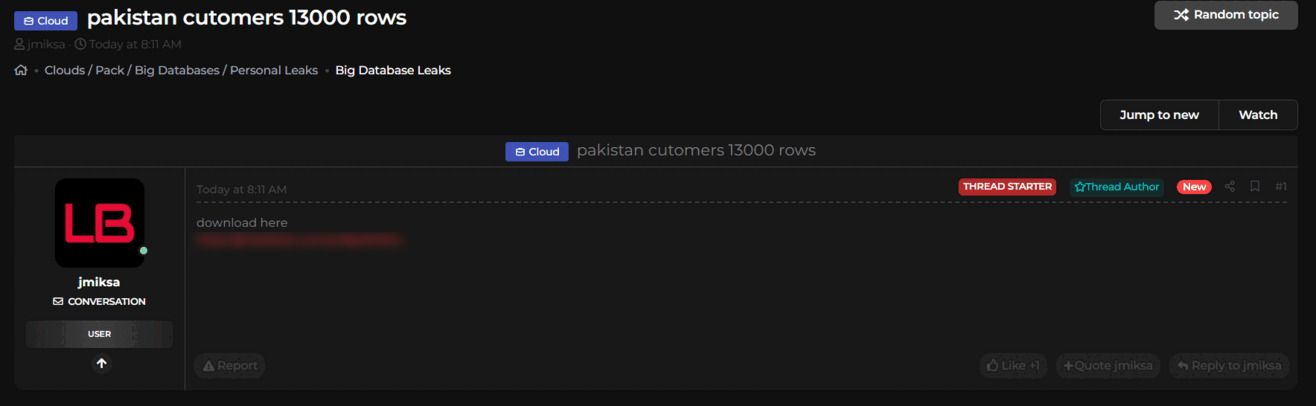 涉嫌出售来自巴基斯坦的受损客户数据-xLab 威胁情报