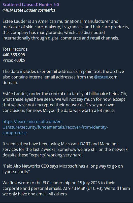 雅诗兰黛涉嫌数据外泄-xLab 威胁情报