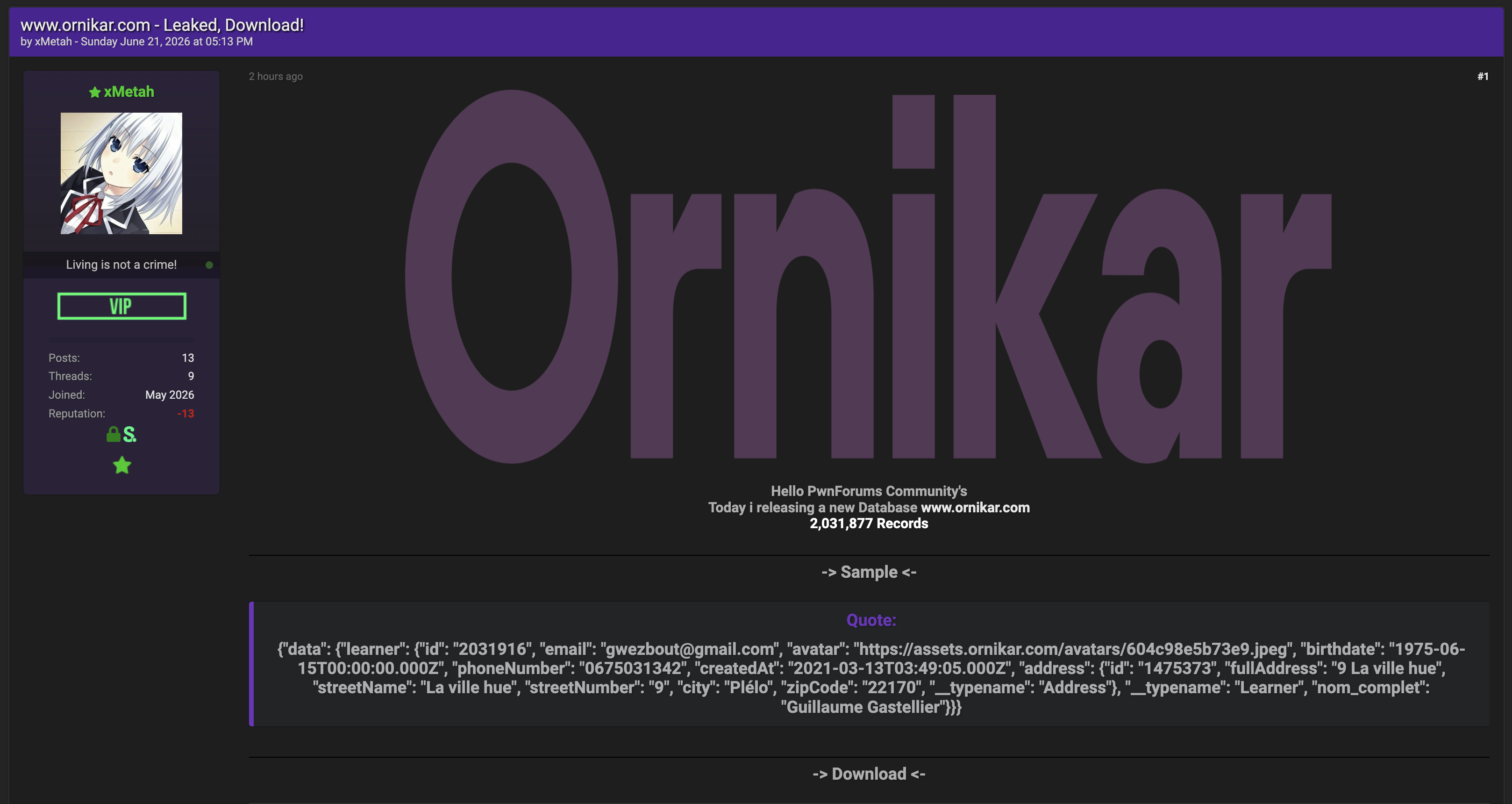 Alleged data breach of Ornikar-xLab 威胁情报