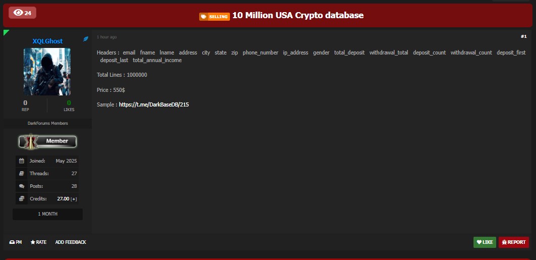 涉嫌数据泄露100万份美国加密User记录-xLab 威胁情报