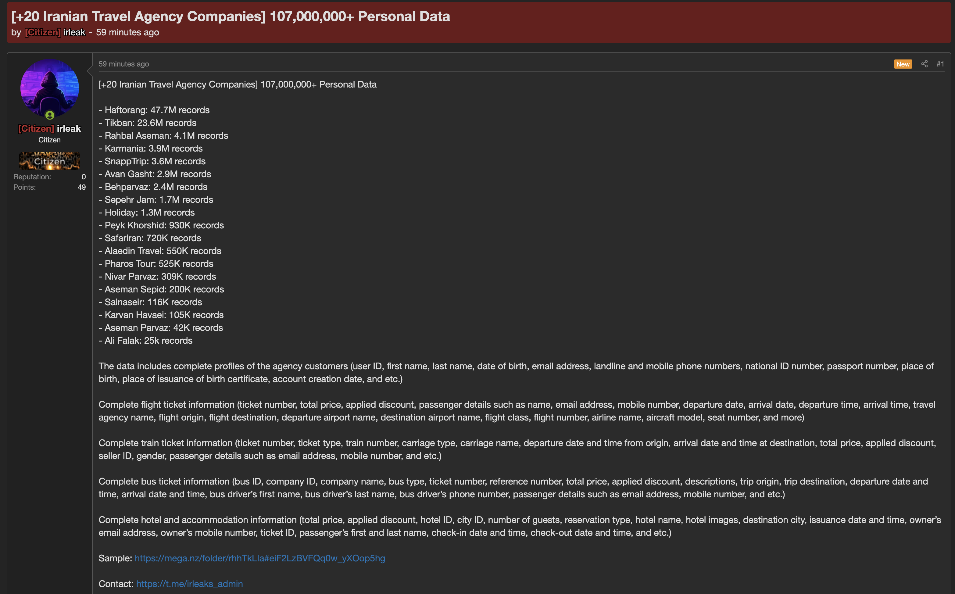 Alleged data leak of Various Iranian travel agencies and tourism service providers-xLab 威胁情报