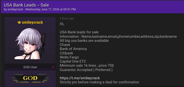 Alleged sale of bank leads from USA-xLab 威胁情报