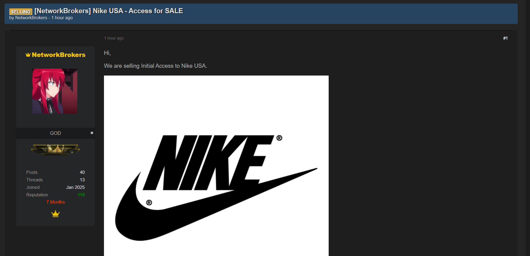 涉嫌出售未经授权访问Nike、Inc.-xLab 威胁情报