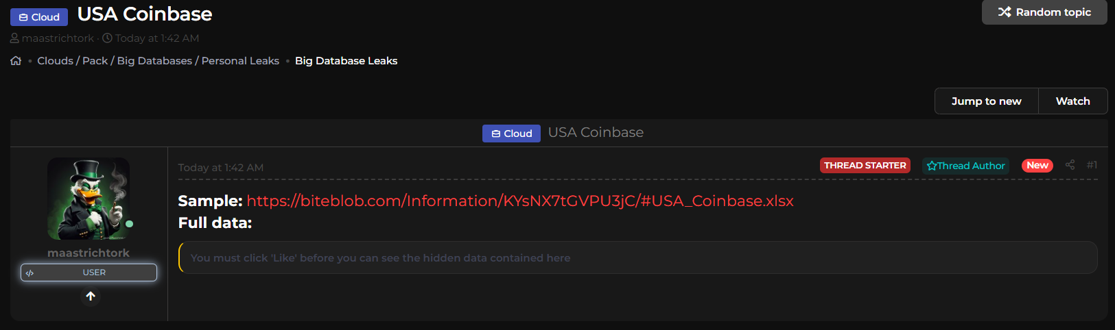 涉嫌出售美国Coinbase数据-xLab 威胁情报