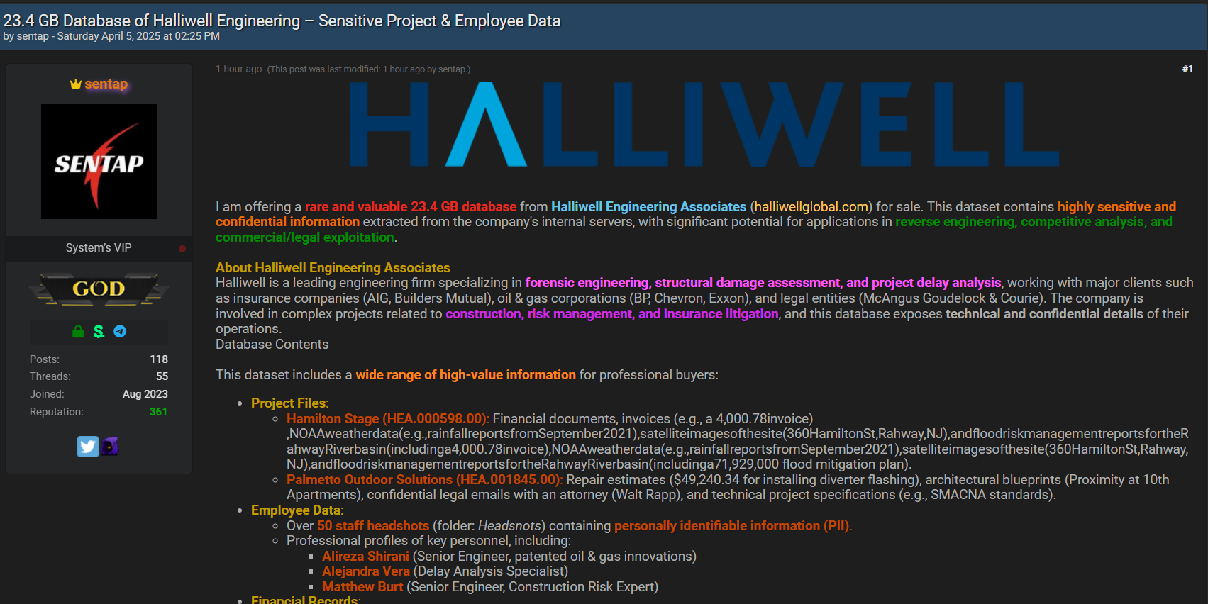 Halliwell Engineering Associates涉嫌出售数据-xLab 威胁情报