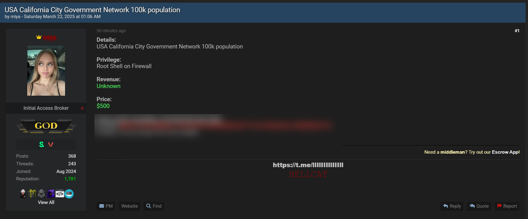 涉嫌出售加州市政府网络-xLab 威胁情报