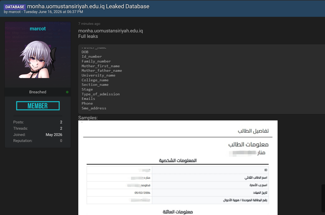 Alleged data breach of Ministry of Higher Education and Scientific Research-xLab 威胁情报
